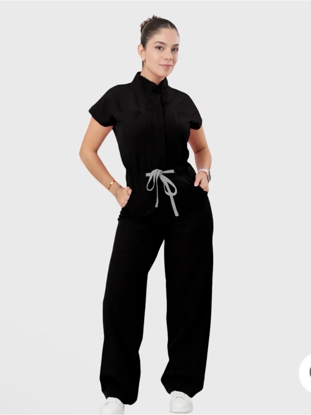 Black Short-Sleeve Drawstring Jumpsuit